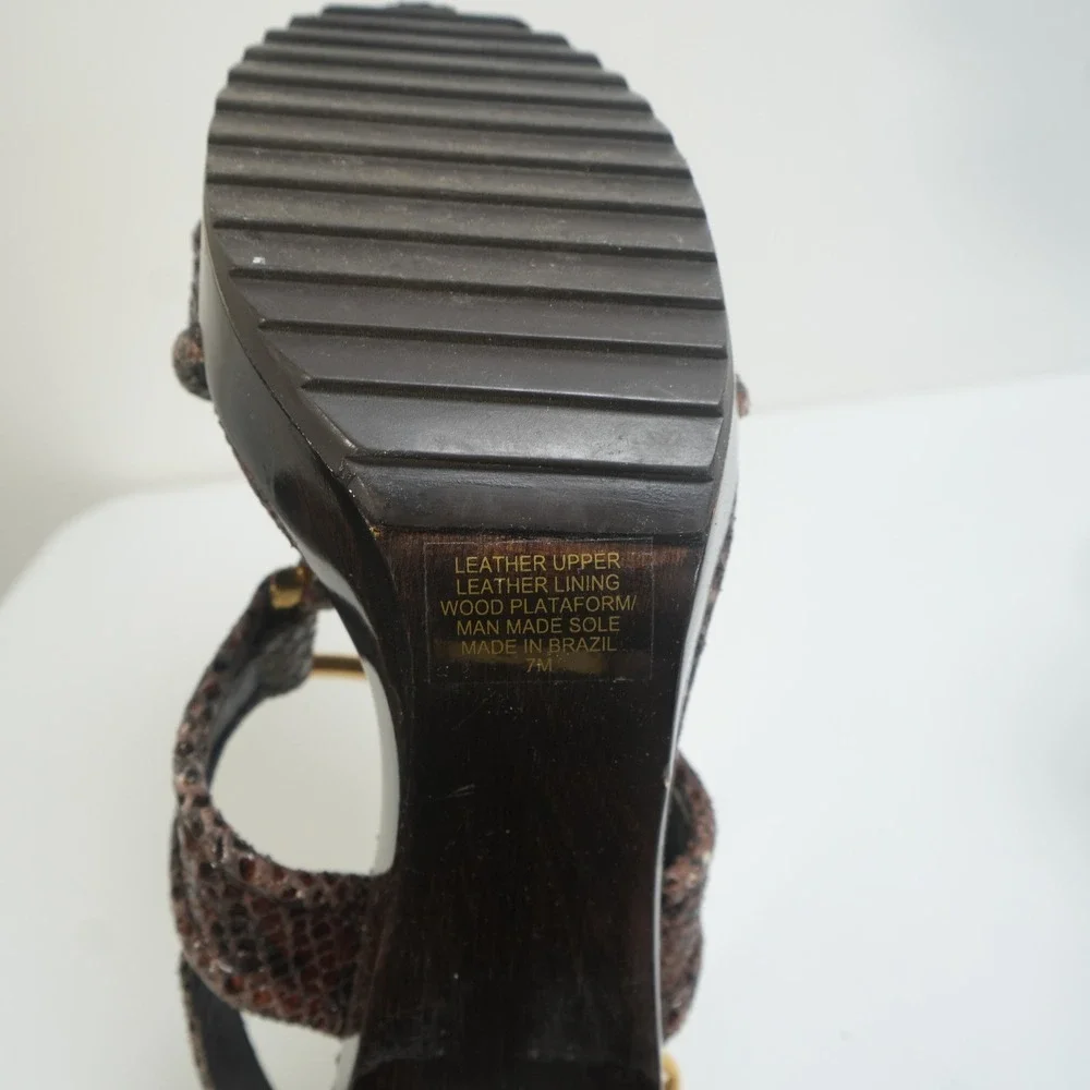 Tory Burch Karmen Platform Sandals 7M Brown Snakeskin Wood‎ Block Heel Gold